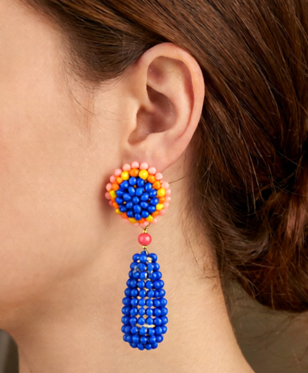 J Crew Colbalt BLue and Orange Statement Beaded Earrings.